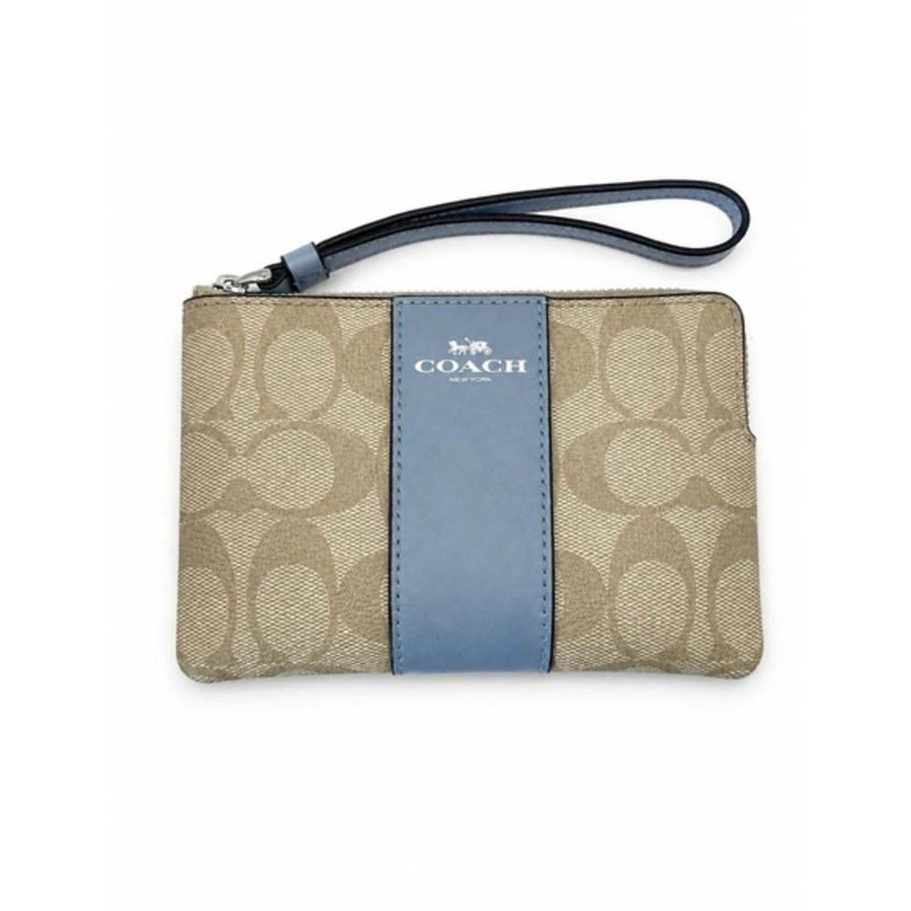 Coach Khaki Blue Stripe Corner Zip Wristlet Women OS Monogram Signature Logo